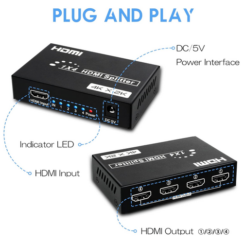4 Port Mini HDMI Video Splitter (1 Input- 4 Outputs)