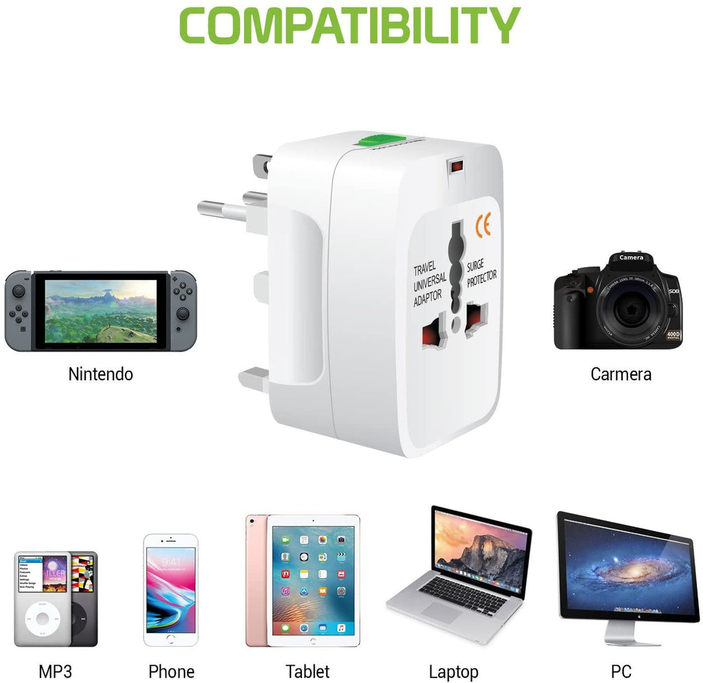 Universal International Adaptor All in One w/ 2 x USB Port - White