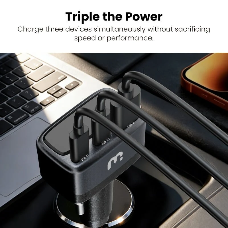 MB - Pro 105W 3-Port Fast Car Charger with Digital Display - Black