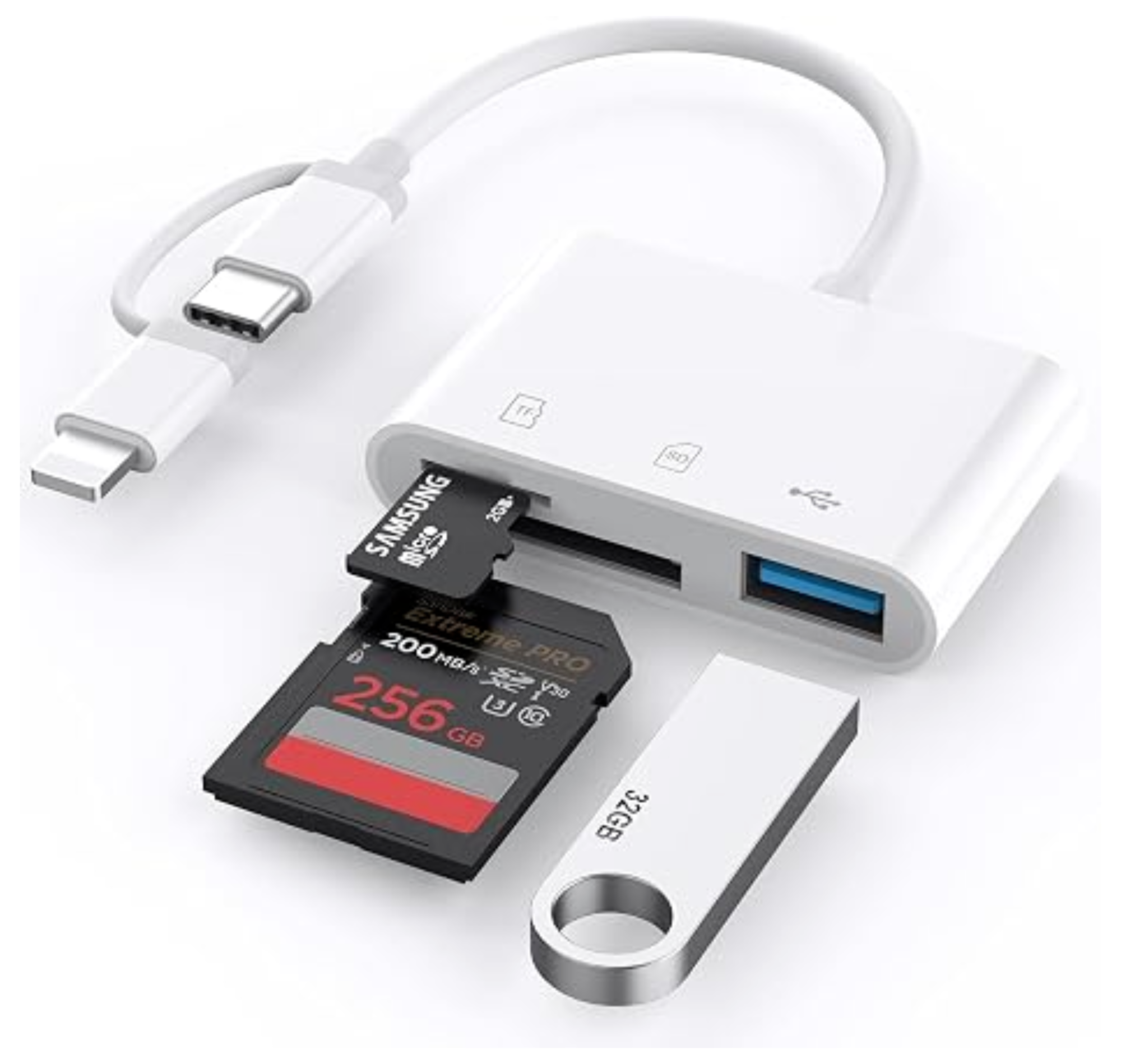 SD Card Reader for iPhone iPad, Built-in Lightning USB-C Dual Port SD Card Adapter with SD MicroSD USB 3 Slots