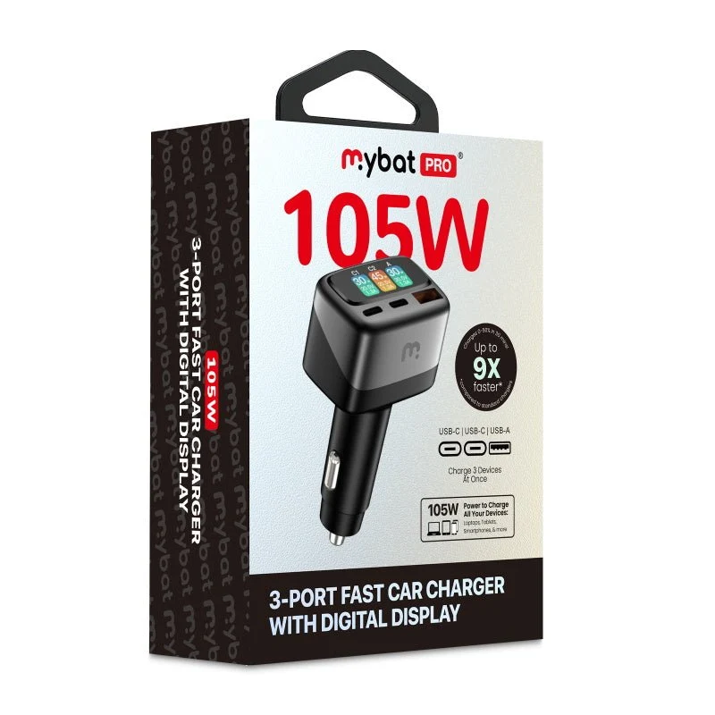 MB - Pro 105W 3-Port Fast Car Charger with Digital Display - Black