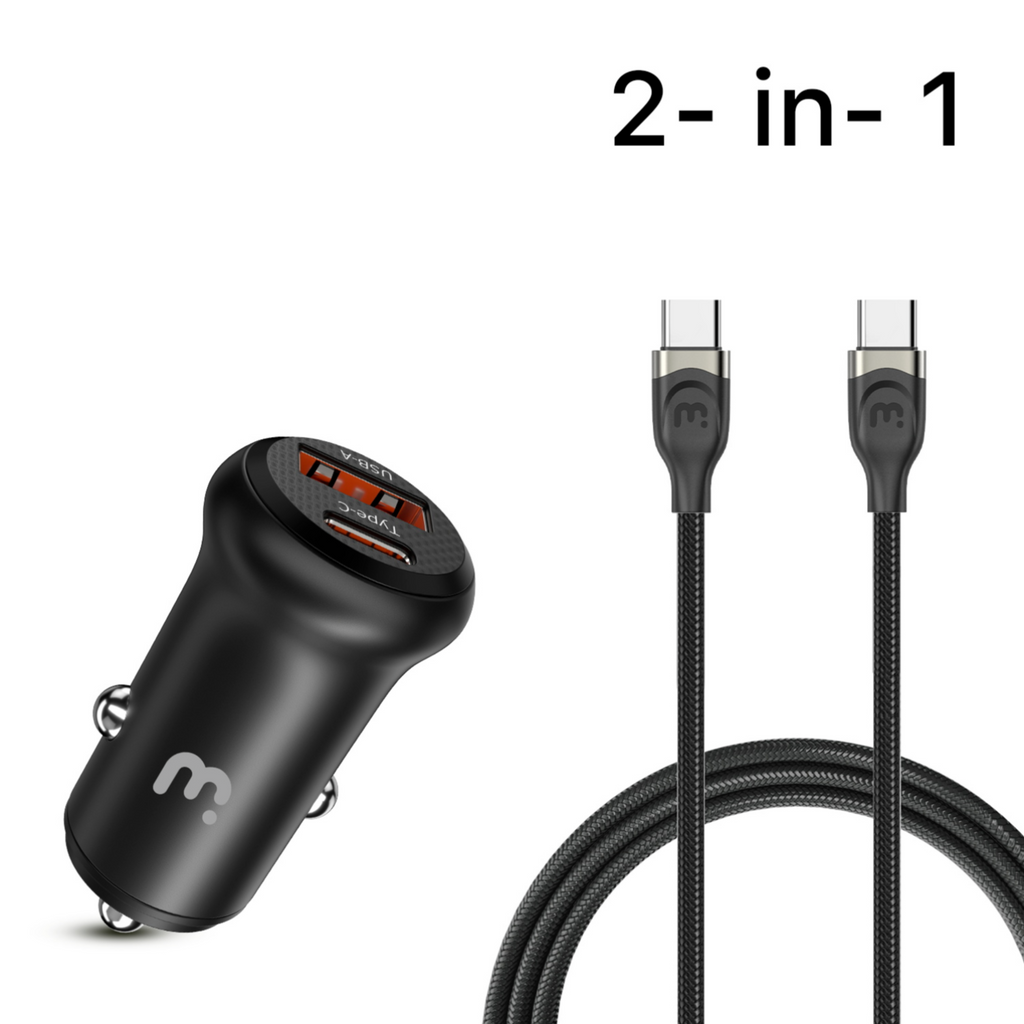 MB - 2-in-1 Car Charger (USB-A & USB-C) w/ 3ft USB-C to USB-C Cable - Black