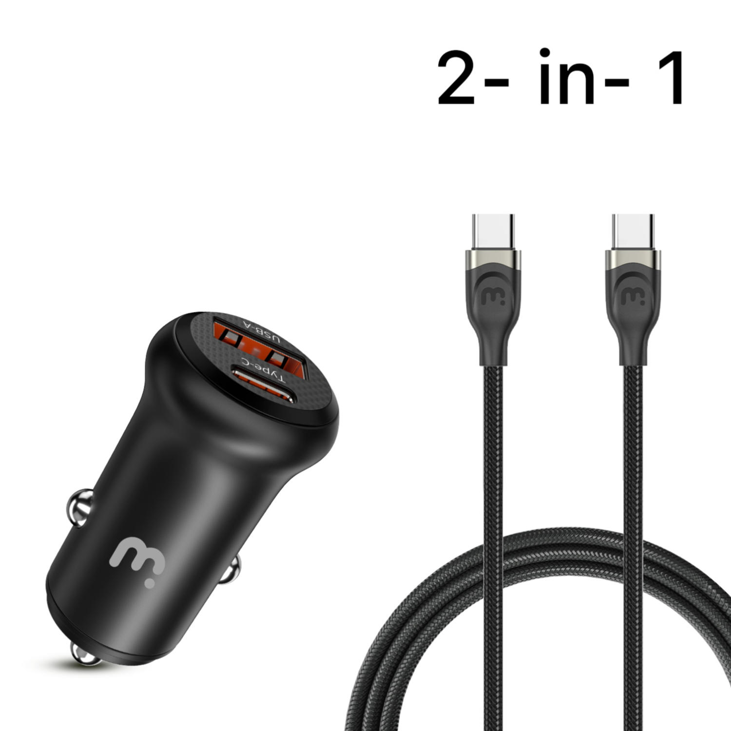 MB - 2-in-1 Car Charger (USB-A & USB-C) w/ 3ft USB-C to USB-C Cable - Black