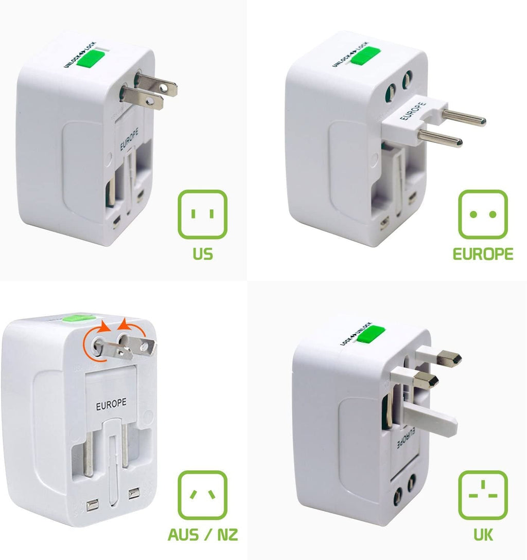 Universal International Adaptor All in One w/ 2 x USB Port - White