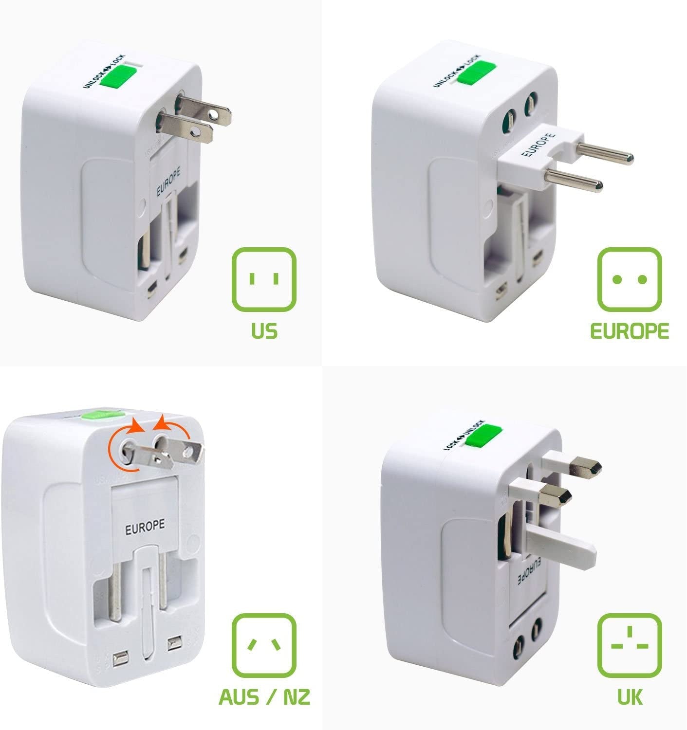Universal International Adaptor All in One w/ 2 x USB Port - White