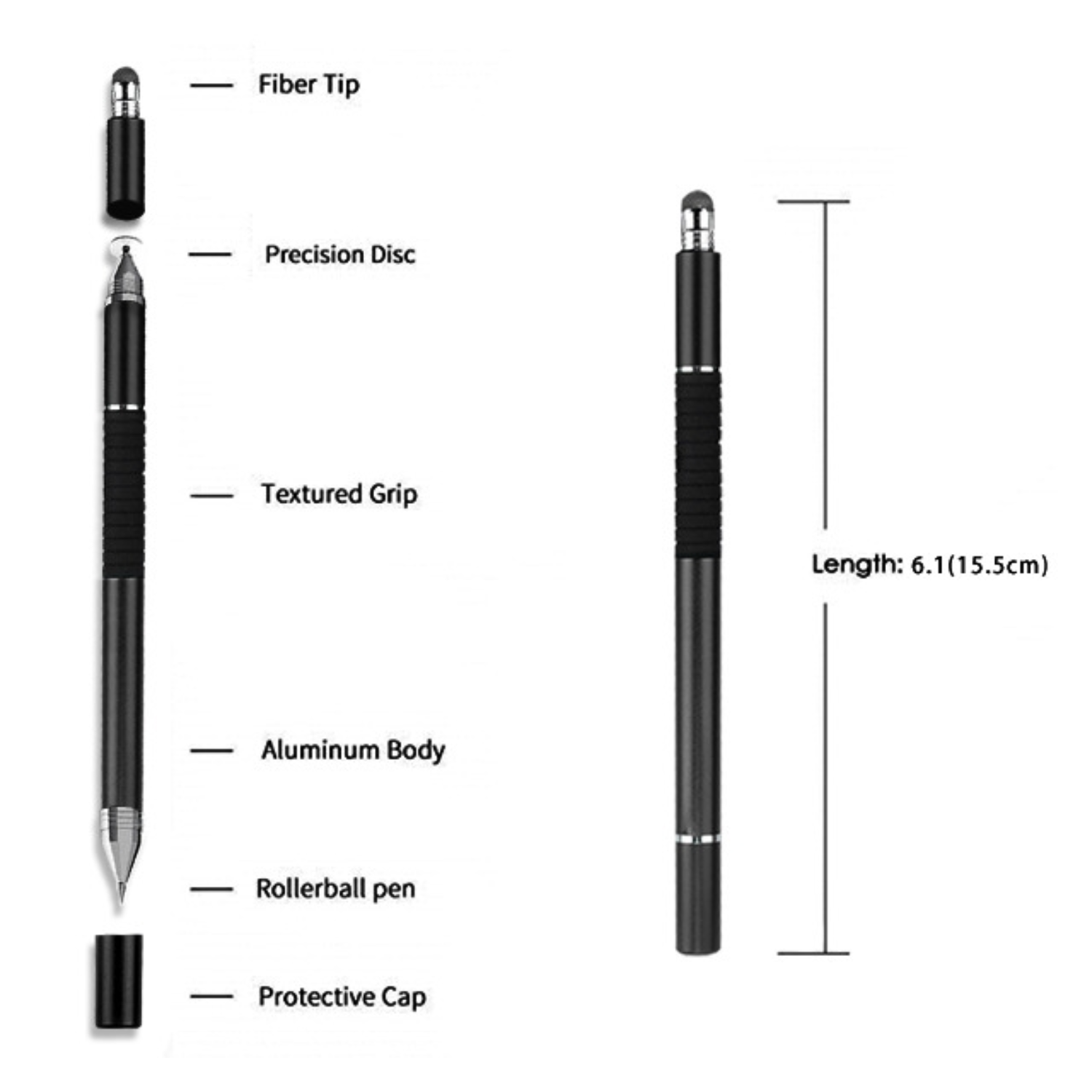 MB - 3 in 1 Stylus Pen w/ Disc Tip / Fiber Tip & Ballpoint Pen - Black