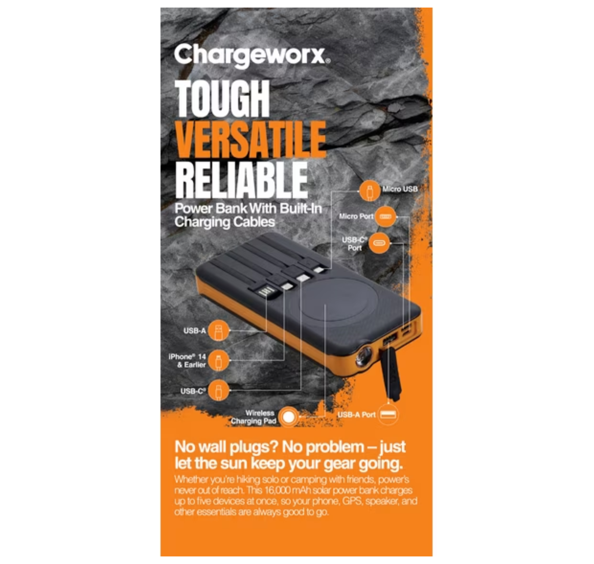 CW - Solar Power Bank 16000mah (4 Built in Cables / Qi )