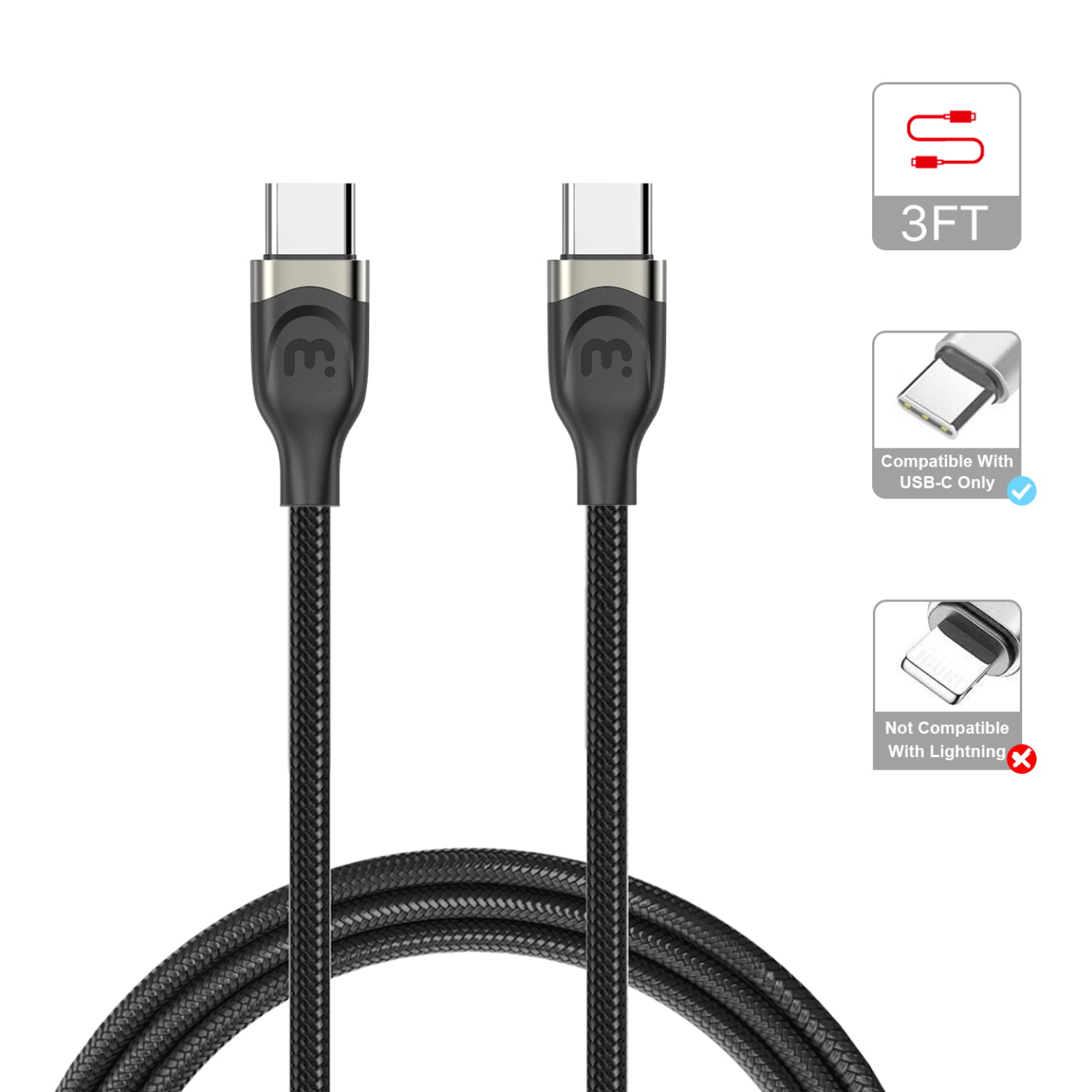 MB - 2-in-1 Car Charger (USB-A & USB-C) w/ 3ft USB-C to USB-C Cable - Black