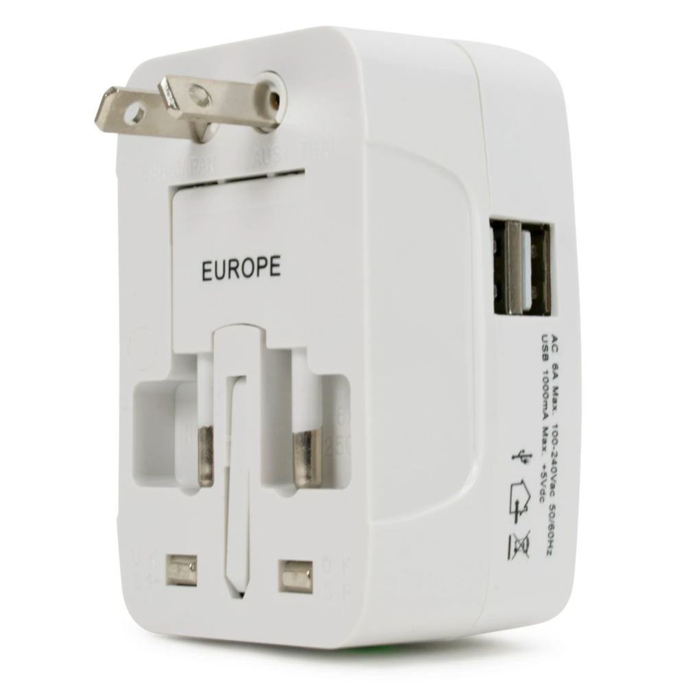 Universal International Adaptor All in One w/ 2 x USB Port - White