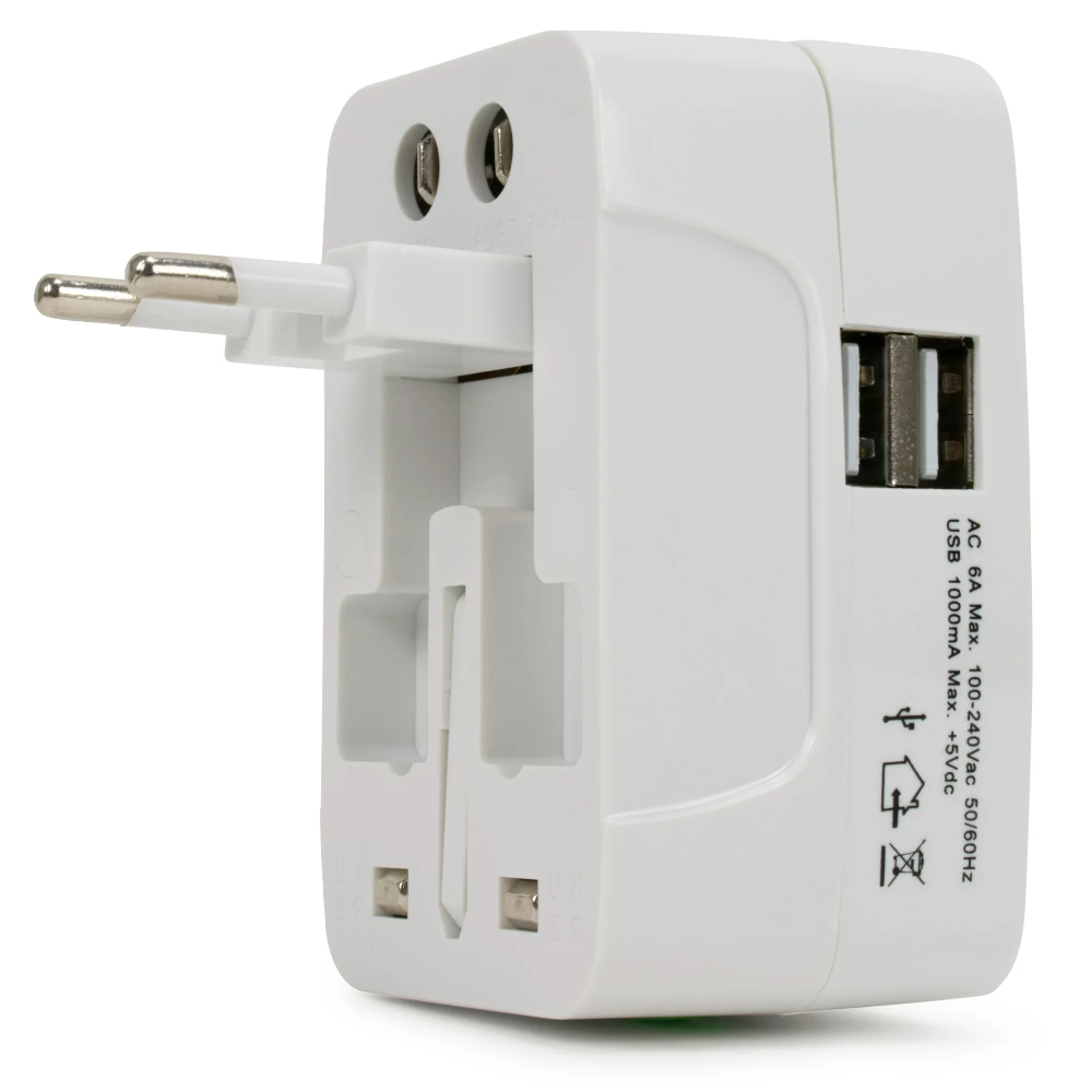 Universal International Adaptor All in One w/ 2 x USB Port - White